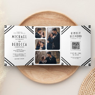 Invitation Trois Volets Mariage de code QR noir et blanc Art Déco géométri
