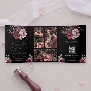 Invitation Trois Volets Mariage de code QR noir Moody Floral Frame noir