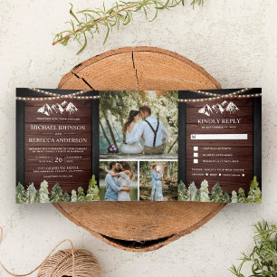Invitation Trois Volets Mariage de collage photo de forêt de montagne en b