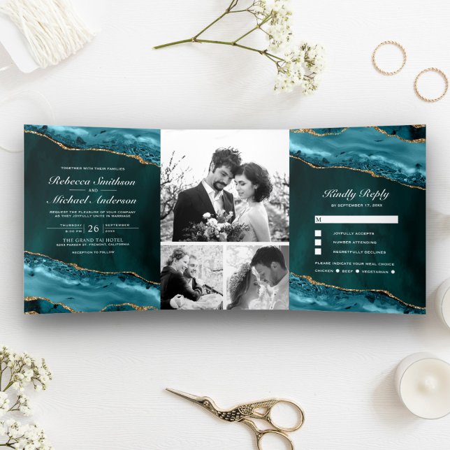 Invitation Trois Volets Mariage de collage photo turquoise et Gold Agate (Créateur téléchargé)