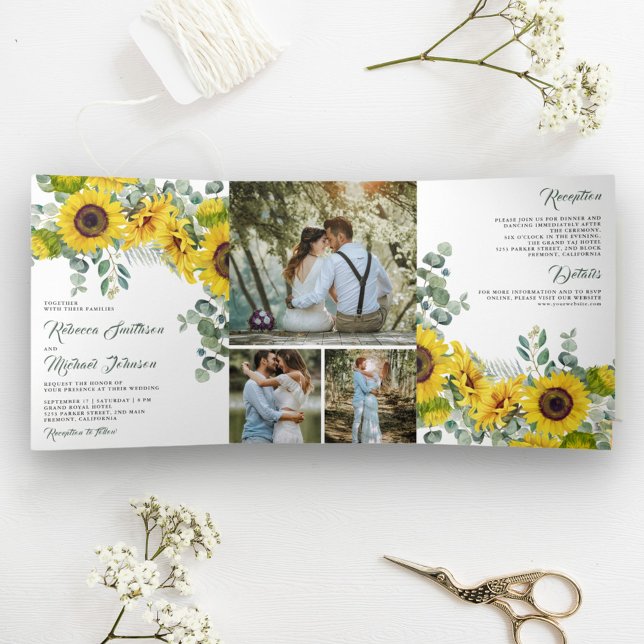 Invitation Trois Volets Mariage de collection de tournesols rustiques Euca (Créateur téléchargé)