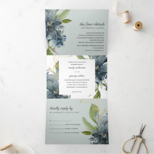 INVITATION TROIS VOLETS MARIAGE DE COULEUR D'EAU FLORALE GRISE BLEU VERT