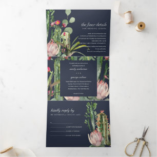 INVITATION TROIS VOLETS MARIAGE DE COULEUR D'EAU FLORALE ROSE MARINE