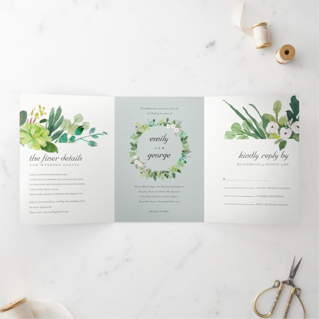 INVITATION TROIS VOLETS MARIAGE DE COULEUR D'EAU GRISSE SUCCULENT WREATING (Intérieur)