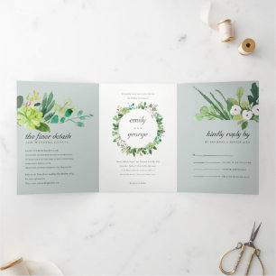 INVITATION TROIS VOLETS MARIAGE DE COULEUR D'EAU GRISSE SUCCULENT WREATING