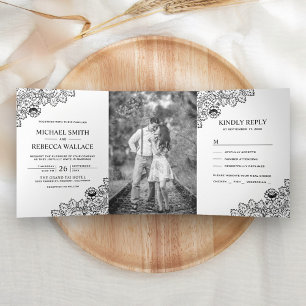Invitation Trois Volets Mariage de dentelle blanche et noire