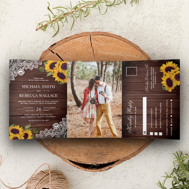 Invitation Trois Volets Mariage de dentelle de dentelle de bois rustique (Créateur téléchargé)