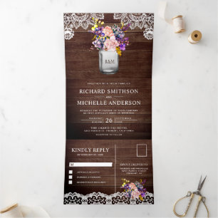 Invitation Trois Volets Mariage de dentelle Lilac Rose Lilac en bois rusti