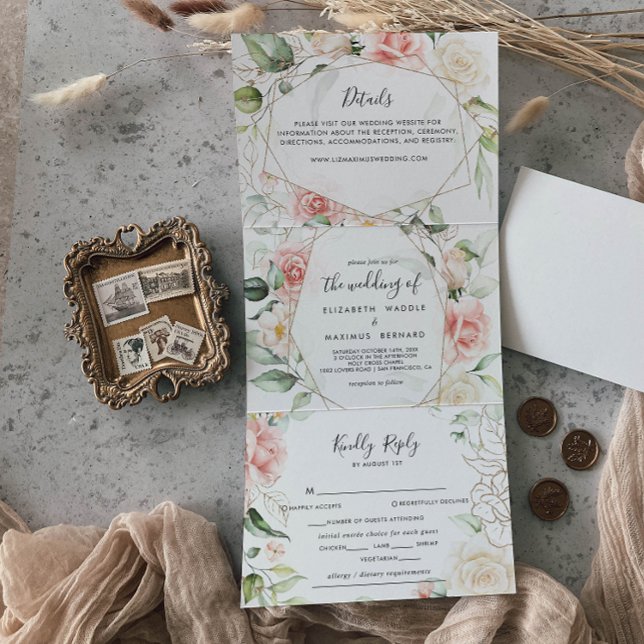 Invitation Trois Volets Mariage de feuillage d'or géométrique (Créateur téléchargé)