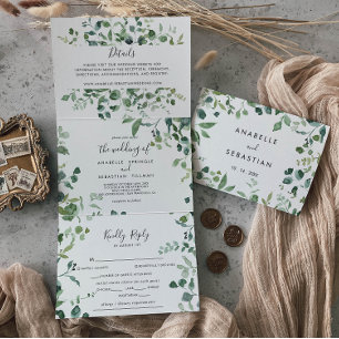 Invitation Trois Volets Mariage de feuillage vert de script de calligraphi