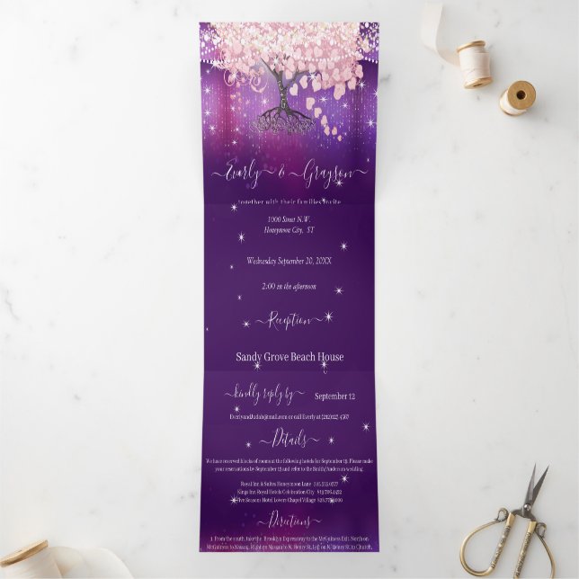 Invitation Trois Volets Mariage de feuilles de coeur violet Lilac et rose (Intérieur)
