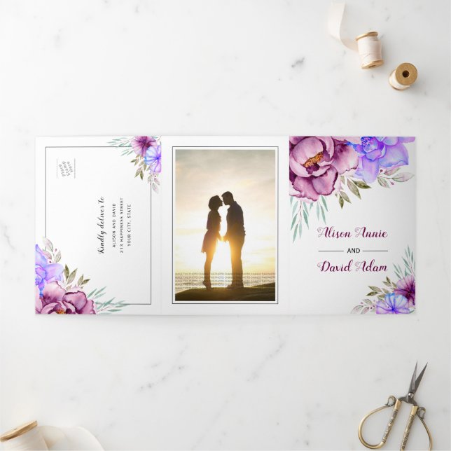 Invitation Trois Volets Mariage de fleurs d'aquarelle violet (Extérieur)