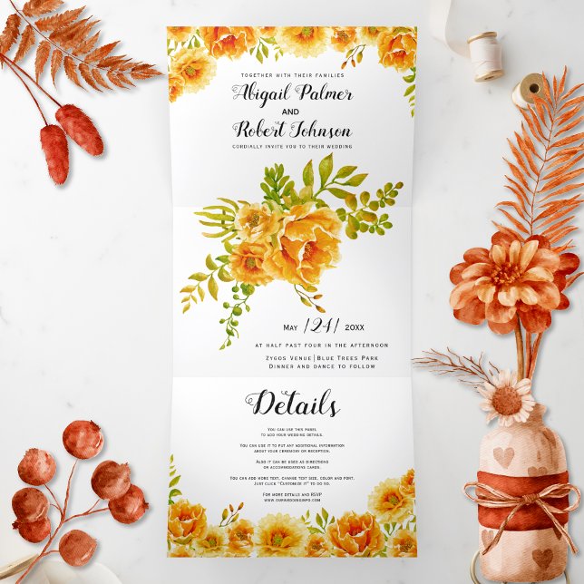 Invitation Trois Volets Mariage de fleurs de cactus d'aquarelle orange (Créateur téléchargé)