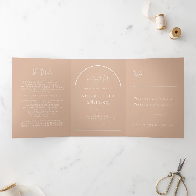 Invitation Trois Volets Mariage de jonction d'arche moderne en rose pâle (Intérieur)