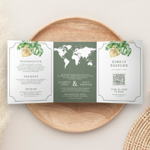 Invitation Trois Volets Mariage de la carte du monde vert Sage Feuille Tro