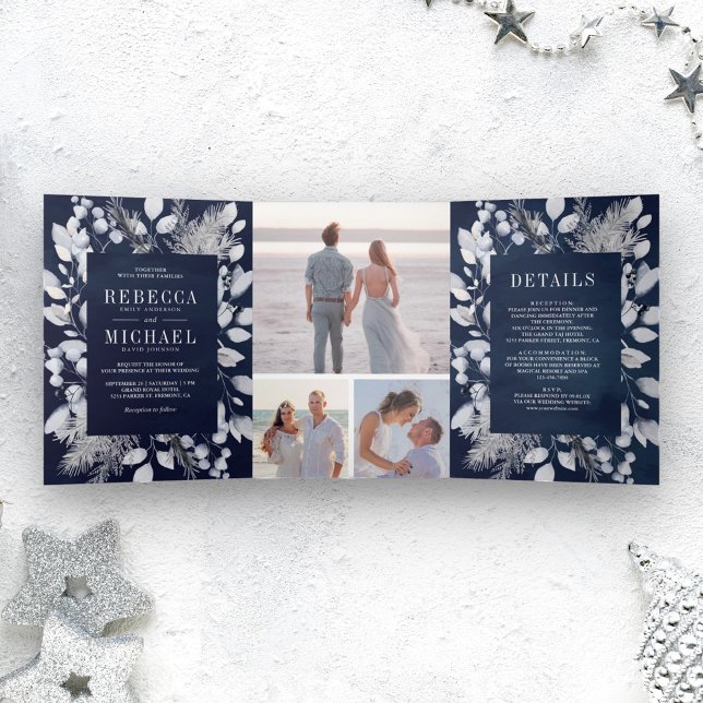 Invitation Trois Volets Mariage de la marine d'hiver des Feuilles de coule (Créateur téléchargé)