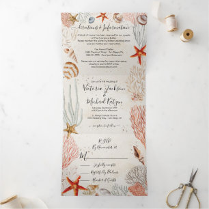 Invitation Trois Volets Mariage de la plage de sable tropical de Seashell