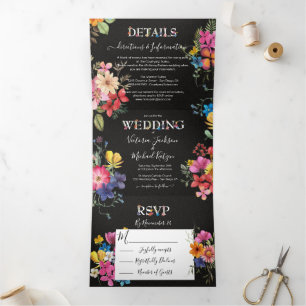 Invitation Trois Volets Mariage de l'obscurité des fleurs habillées