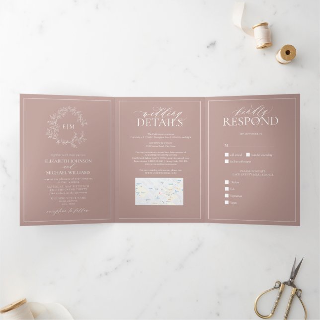 Invitation Trois Volets Mariage de monogramme à poitrine feutrée Rose (Intérieur)