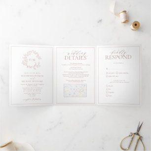 Invitation Trois Volets Mariage de monogramme à poitrine feutrée Rose