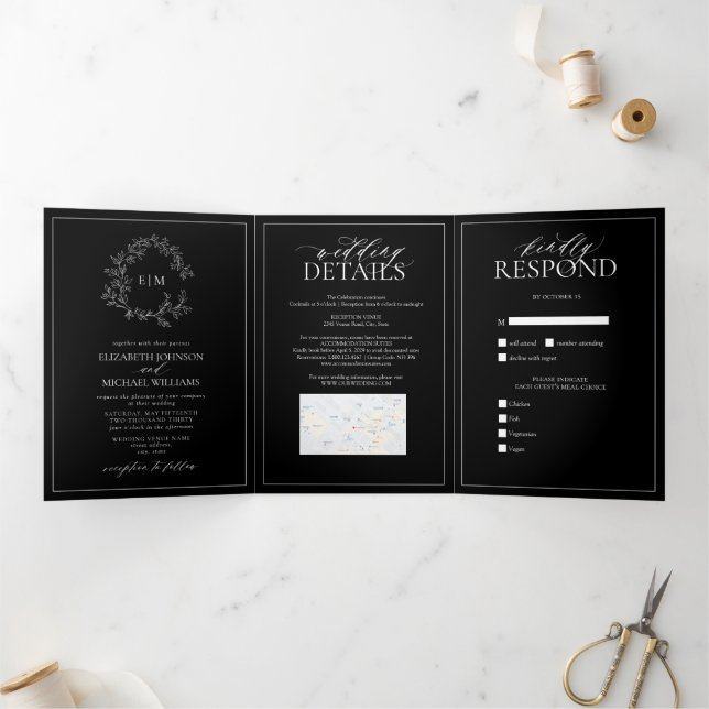 Invitation Trois Volets Mariage de monogramme blanc noir (Intérieur)