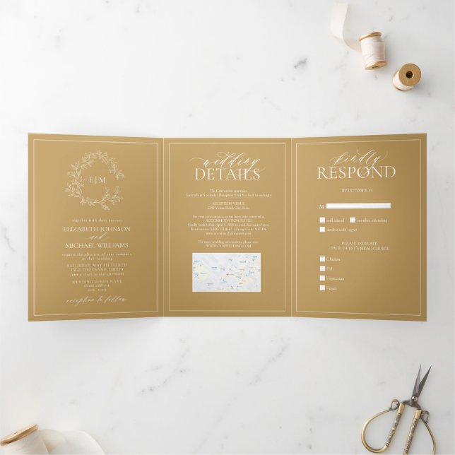 Invitation Trois Volets Mariage de monogramme de cime dorée (Intérieur)