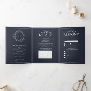 Invitation Trois Volets Mariage de monogramme de la marine Blue Leafy Cres