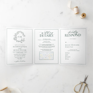 Invitation Trois Volets Mariage de monogramme Emerald Green Leafy Crest