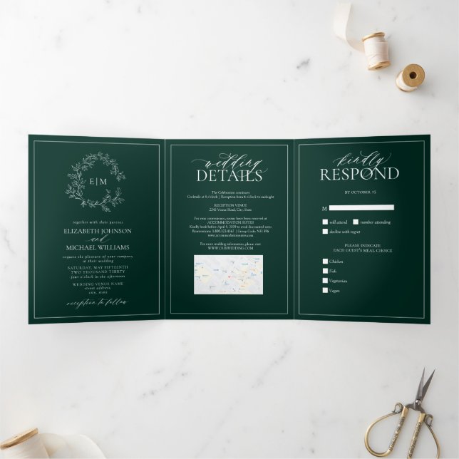 Invitation Trois Volets Mariage de monogramme Emerald Green Leafy Crest (Intérieur)