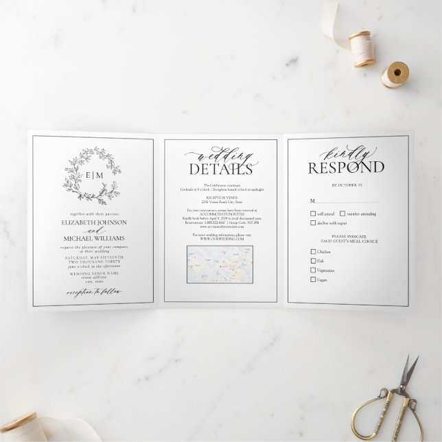Invitation Trois Volets Mariage de monogramme noir blanc (Intérieur)