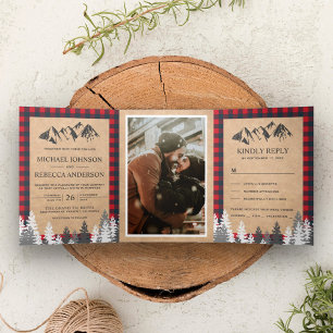 Invitation Trois Volets Mariage de montagne rustique Kraft rouge à carreau