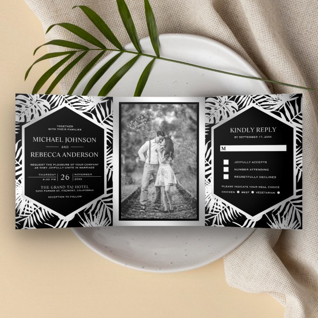 Invitation Trois Volets Mariage de palme tropicale noire et argentée (Créateur téléchargé)