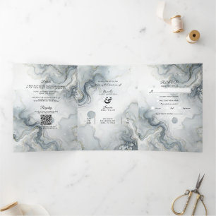 Invitation Trois Volets Mariage de plage aquarelle bleu gris et or