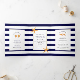 Invitation Trois Volets Mariage de plage Starfish et bleu marine rayures b