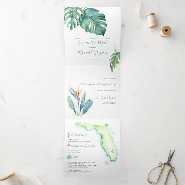 Invitation Trois Volets Mariage De Plage Tropicale En Floride (Intérieur)