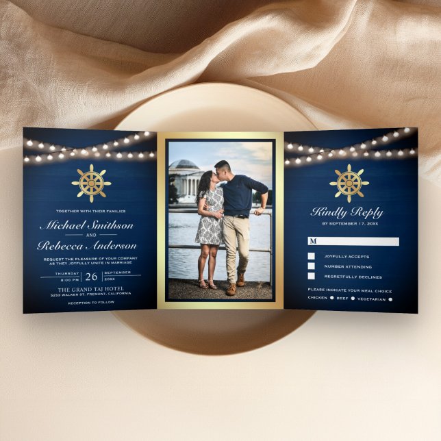 Invitation Trois Volets Mariage de roue du navire Marine Blue Wood Nautica (Créateur téléchargé)