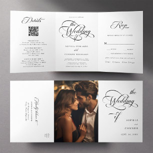 Invitation Trois Volets Mariage de script élégant et élégant noir et blanc