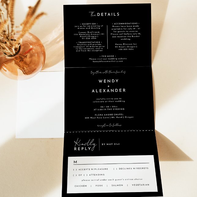 Invitation Trois Volets Mariage de script moderne noir tout en un (Créateur téléchargé)