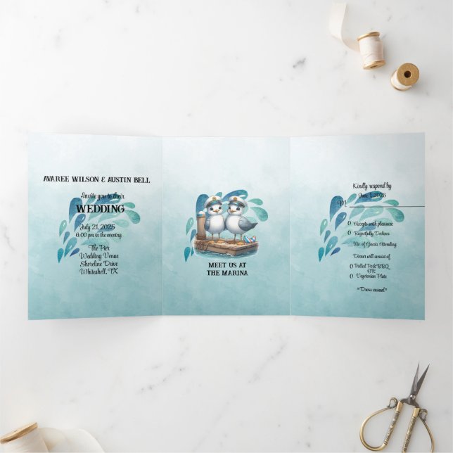 Invitation Trois Volets Mariage de style marina bleu marine (Intérieur)