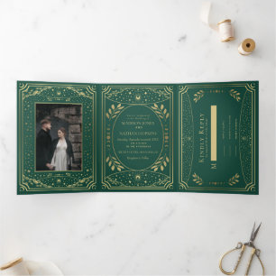 Invitation Trois Volets Mariage de Tarot Elegant Or et Emeraude