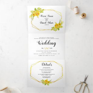 Invitation Trois Volets Mariage de typographie et fleurs d'aquarelle jaune