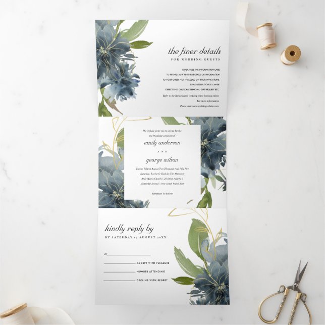 Invitation Trois Volets Mariage D'EAU FLORALE DUSKY BLUE VERT (Intérieur)