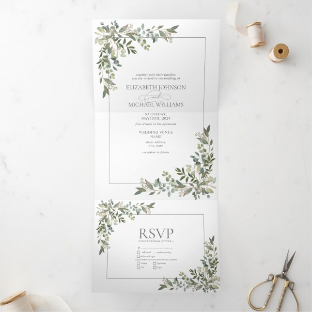 Invitation Trois Volets Mariage des repas verts de l'Eucalyptus Sage Botan (Intérieur)