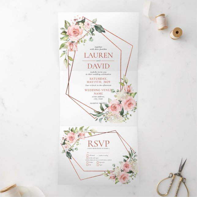 Invitation Trois Volets Mariage d'Eucalyptus rose Peach Cuivre (Intérieur)
