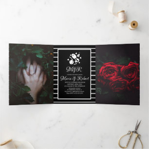 Invitation Trois Volets Mariage d'Halloween Gothique Rayures Crâne