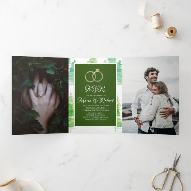 Invitation Trois Volets Mariage d'hiver Aquarelle moderne Pine Arbres (Intérieur)