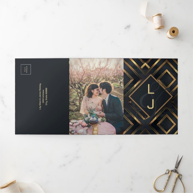 Invitation Trois Volets Mariage d'or moderne de minuit (Extérieur)