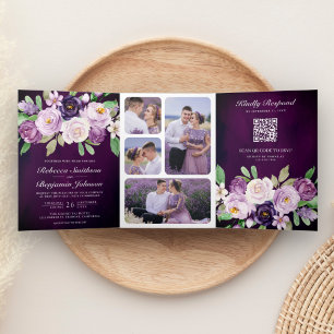 Invitation Trois Volets Mariage Eggplant Purple Floral QR Code Dark Moody