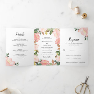 Invitation Trois Volets Mariage élégant à la florale rose vif moderne