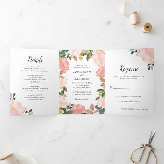 Invitation Trois Volets Mariage élégant à la florale rose vif moderne (Intérieur)